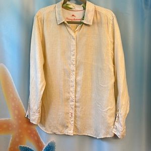 Tommy Bahama linen striped yellow size large linen  blouse